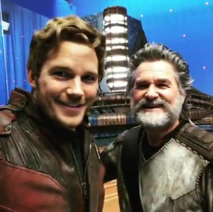 Chris Pratt (Star-Lord) i Kurt Russell (Ego) na planie "Strażników Galaktyki Vol. 2"